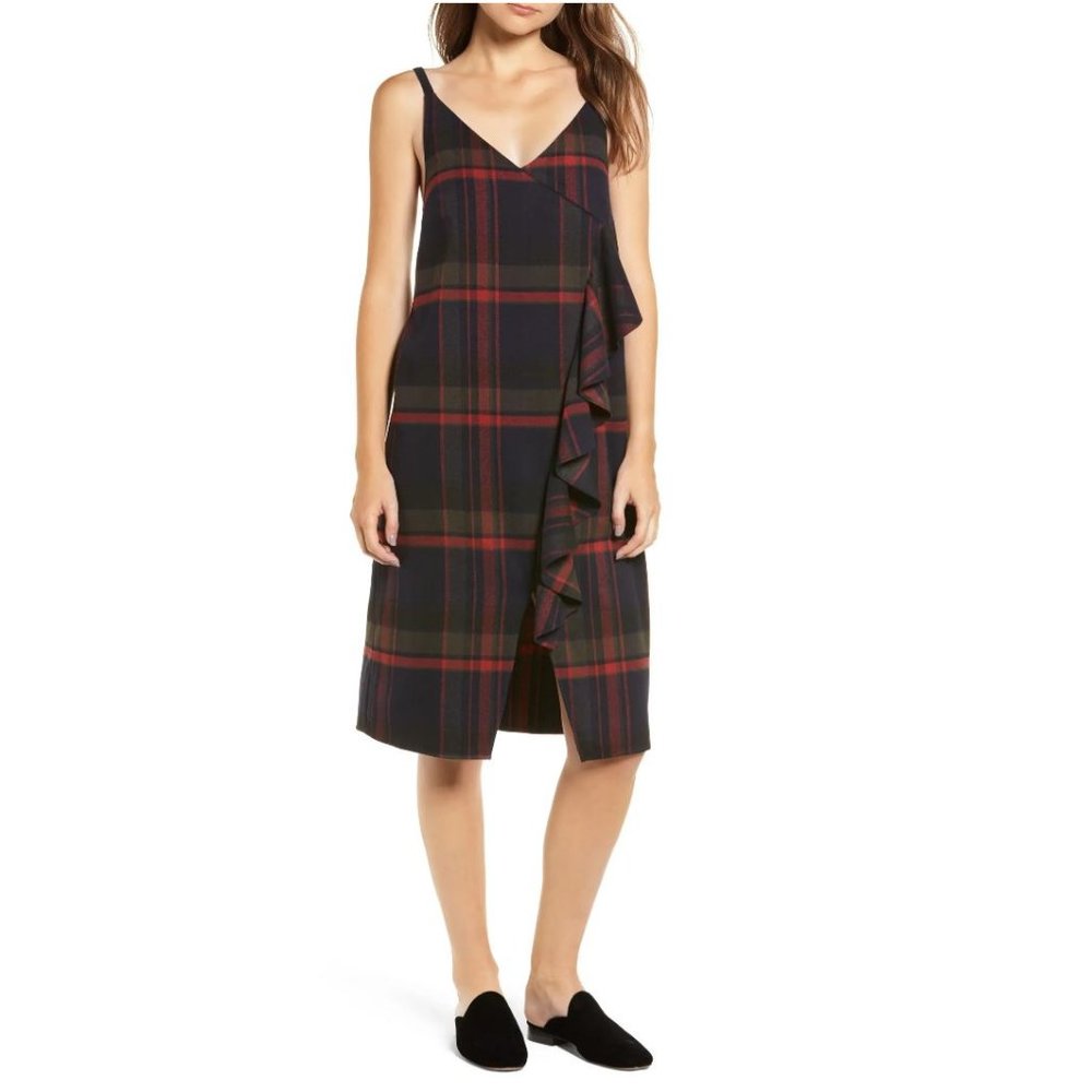 Nordstrom BP. Plaid Ruffle Surplice Slip Dress XXS
